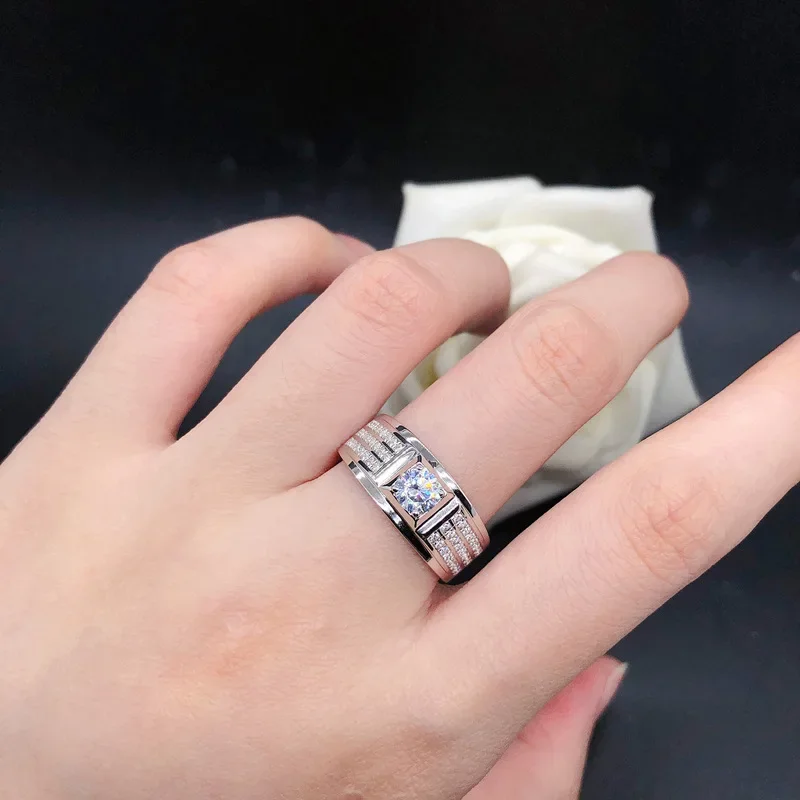 Solid 14K White Gold PT950 Men's Ring 50 Cent Men's Diamond Ring White Gold Moissanite Diamond Ring Gift for Boyfriend