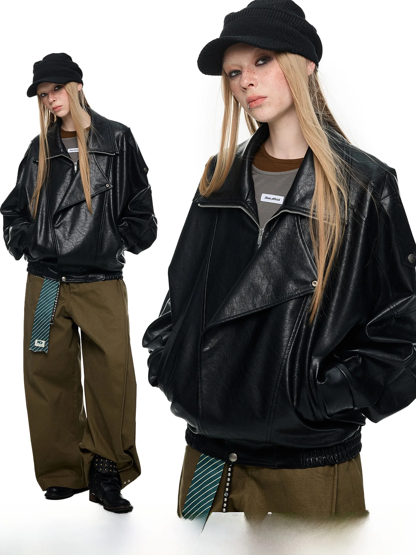 

JIKOO Early Spring Motorcycle Sle Loose Fit Double Layer Collar Svel PU Leather Jaet Casual Loose Sle Zipper Closure