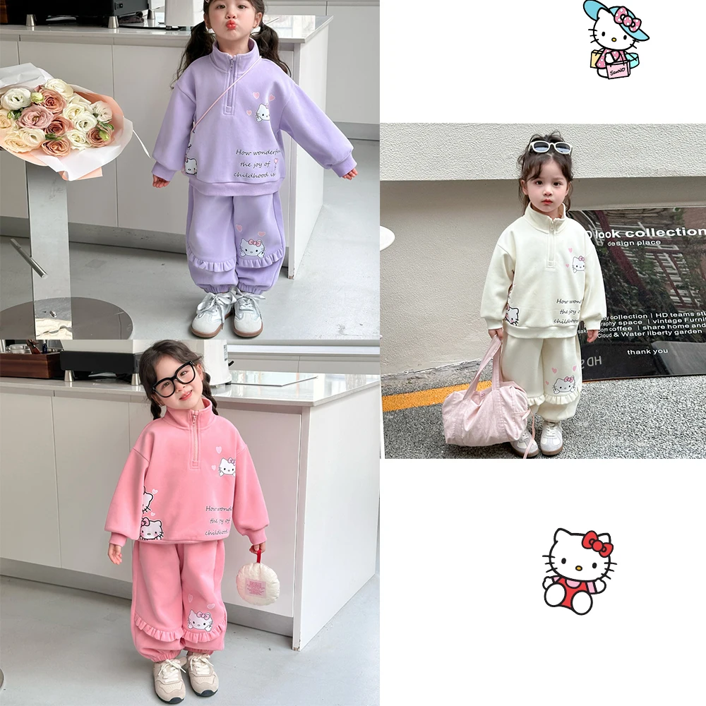 

Sweet Cartoon Hellokitty Children Girl Round Neck Zipper Autumn Set Kawaii Sanrio Leisure Anime Fashion Style Children Clothing
