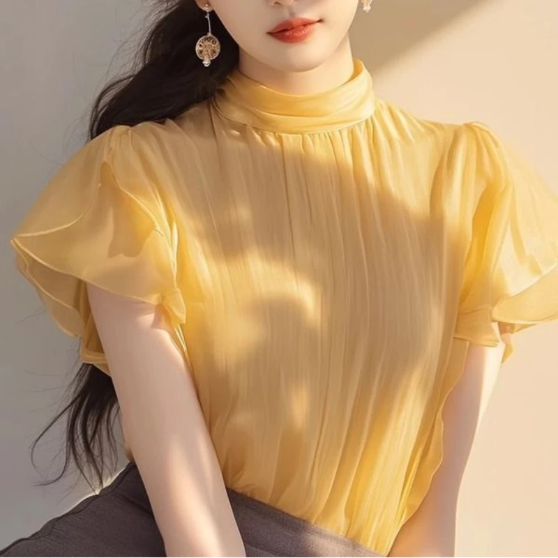 

Женская одежда: Новая летняя блузка из шифона с рюшами, свободного кроя, с коротким рукавом, плиссированная, модная, элегантная, в корейском стиле