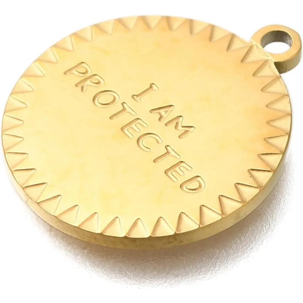 3Pcs 201 Stainless Steel Pendants PVD Vacuum Plating Flat Round with Word I am Protected Charm Real 18K Gold Plated Pendant