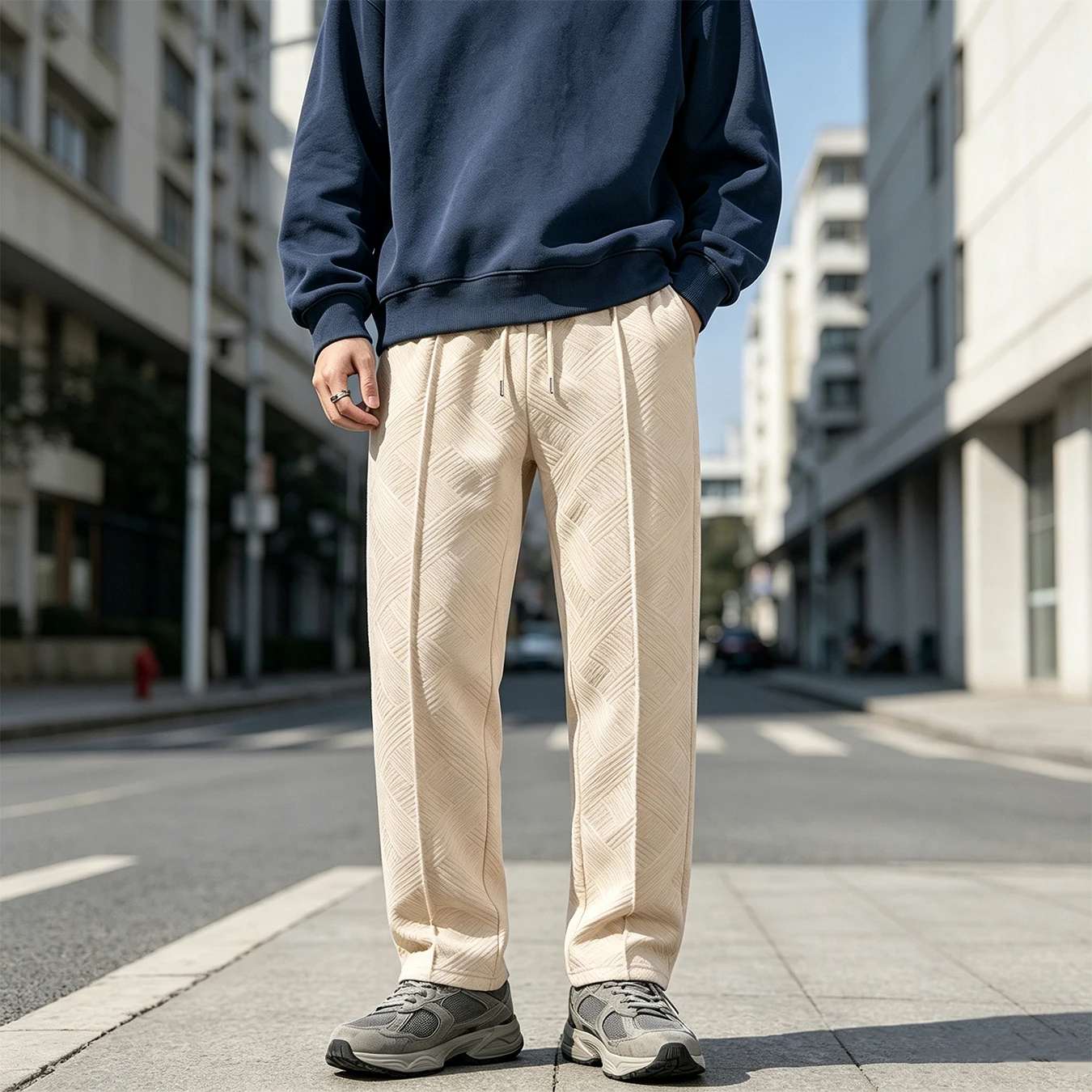 Fashion Geometric Jacquard Men Straight Sweatpants Lightweight Breathable Anti-pilling Adjustable Drawstring Waist Side Pockets