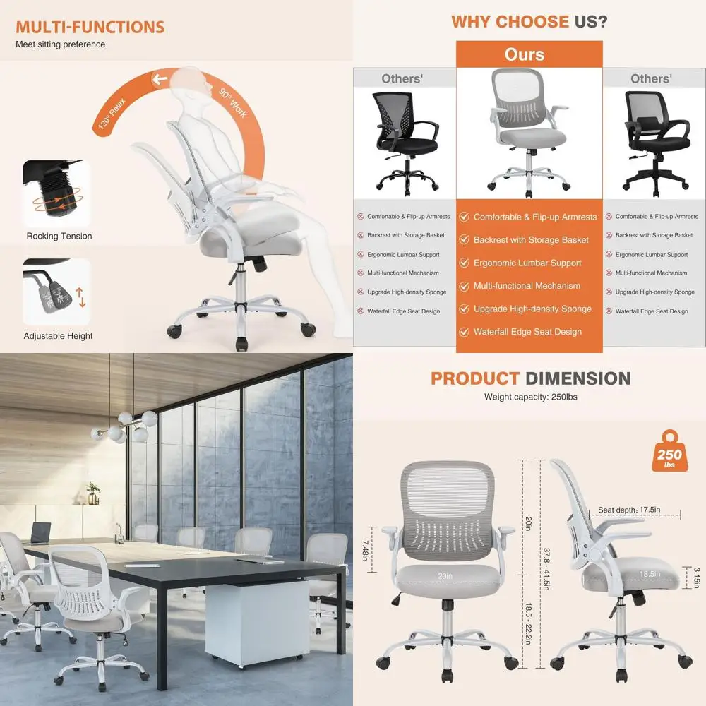 

Эргономичное офисное кресло с сетчатой спинкой, поясничной поддержкой и регулируемыми подлокотниками для комфортной работы или домашнего использования, серое