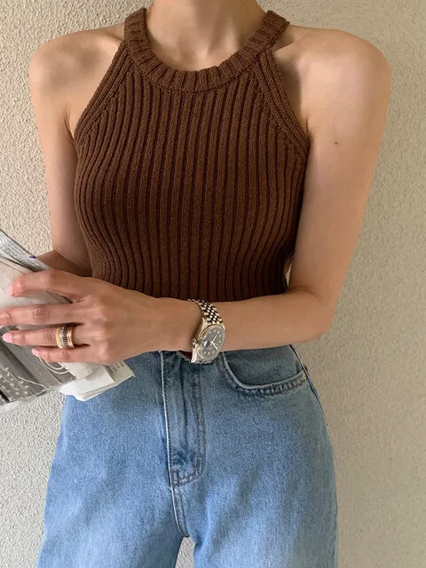 

Slim Fit Pure Color Knitwear Women's Summer New Sle Spicy Girl Ne Hanging Sle Versatile Slimming Strap Vest