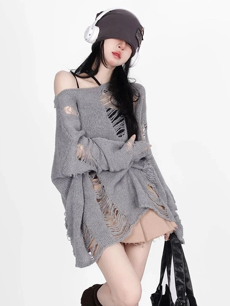 

Свитер с отверстиями в стиле хип-хоп, женская уличная одежда, джемперы Y2K, американские ретро длинные рукава, свободные женские топы в стиле Харадзюку с ленивым ветром