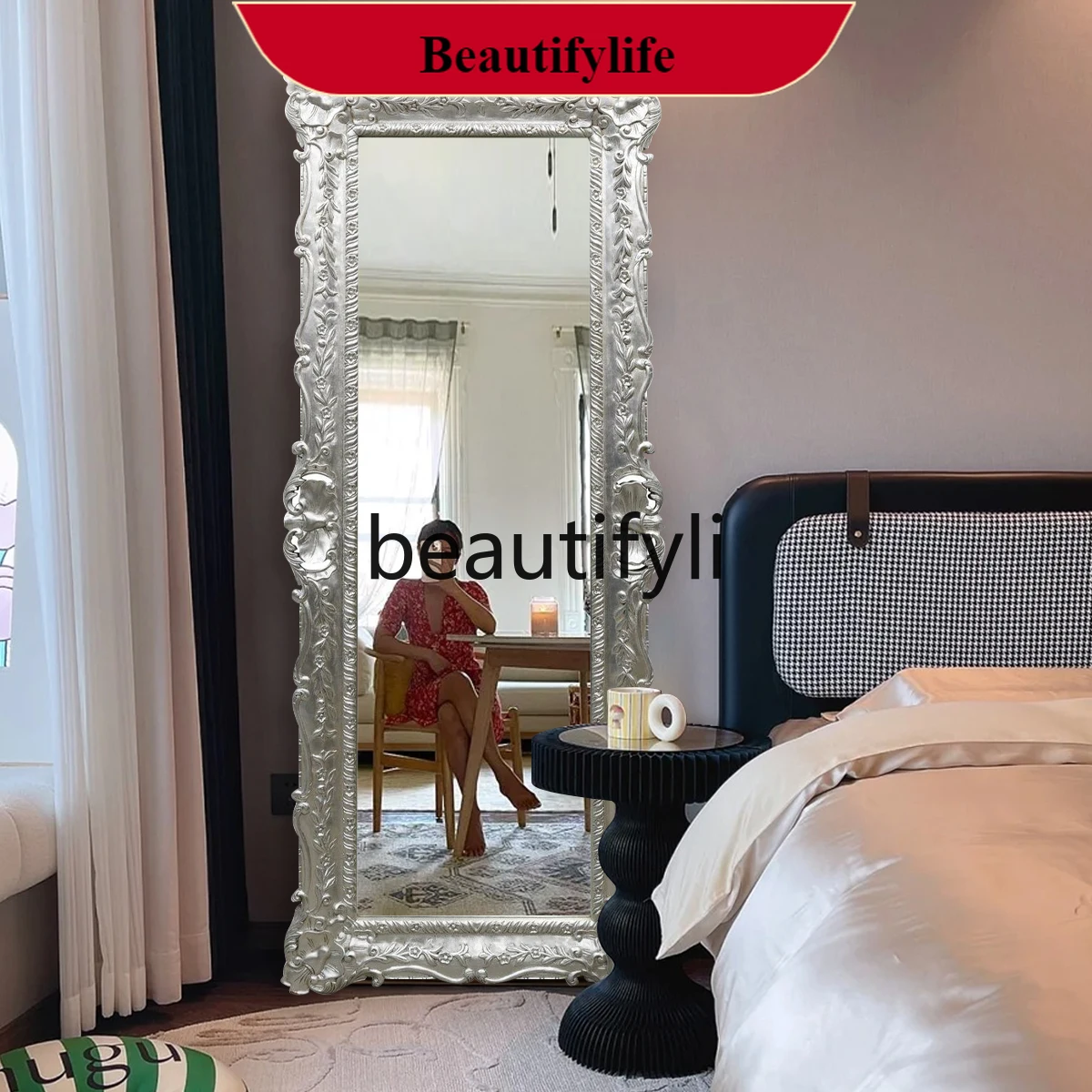 

FF5 European modern light luxury carved full-length mirror floor mirror French retro clothing store, full-body mirror