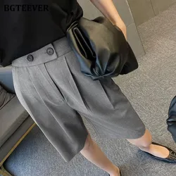 BGTEEVER Casual High Waist Double Button Solid Straight Shorts Women Spring Summer Fashion Ladies Wide Leg Suits Shorts