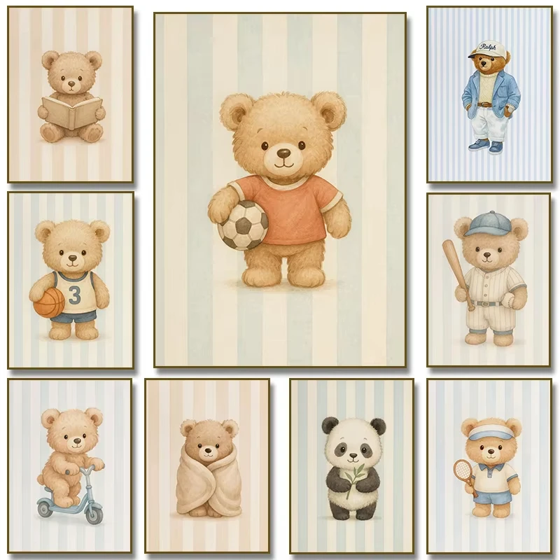1PC Frameless Blue Stripes Panda with Bamboo Teddy Bear Tennis Basketball Reading Book Poster Canvas Painting Sports Home Dec