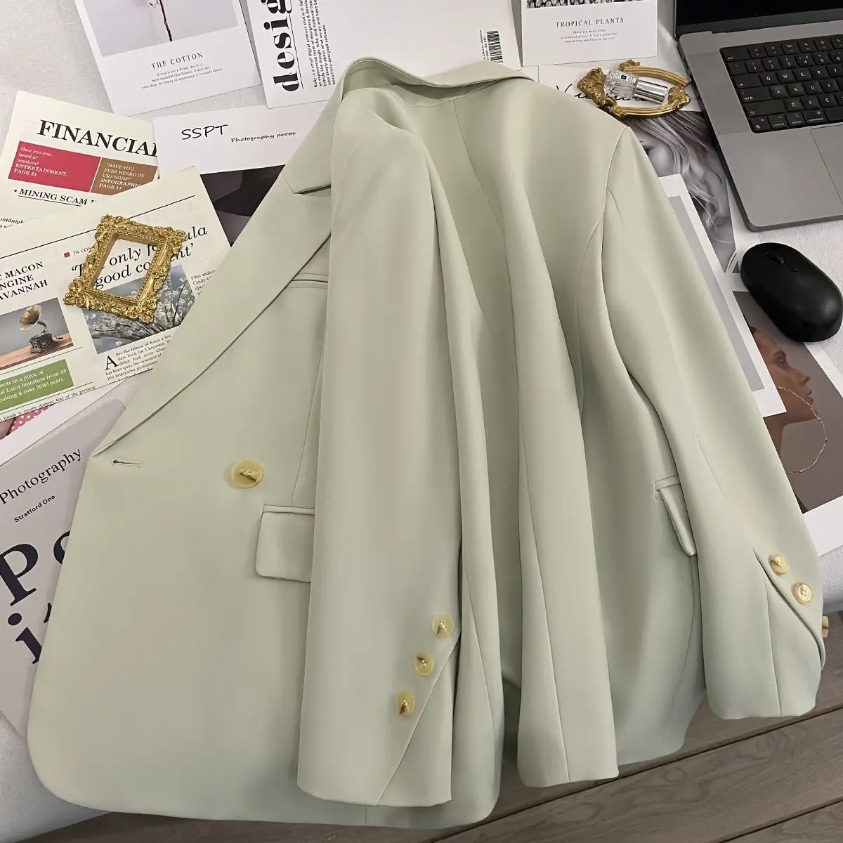

Women'S Blazer Coat Overcoat Female Fan Buttons-Up Flared Knee-Length Item Buckled Plus-Size Texure Sliming Black Fashion