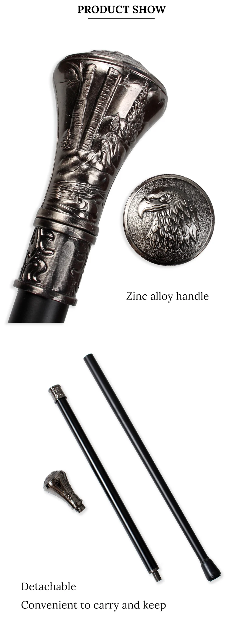Vintage Antique Silver Alloy Walking Cane with Embossed Eagle Head Round Handle Detachable Stick Cosplay Prop for Men And Women
