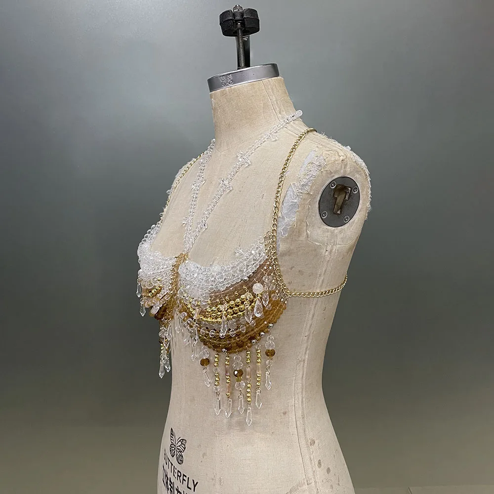 XYMY Handgemachte BH Kristall Hosenträger Transparent Hohl Quaste Schmuck Top Sexy Frau Strand Yacht Geburtstag Party Körper Kette