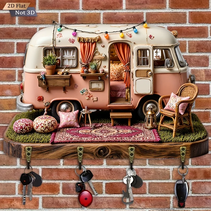 2D flat surface. 1pc. Vintage RV-shaped key holder - wooden multi-functional decorative hook with four metal hooks, wall and