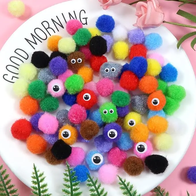 Pompones surtidos de 0,6 pulgadas, bolas de pompones peludos multicolores, suministros de arte con ojos de movimiento para decoraciones artesanales DIY