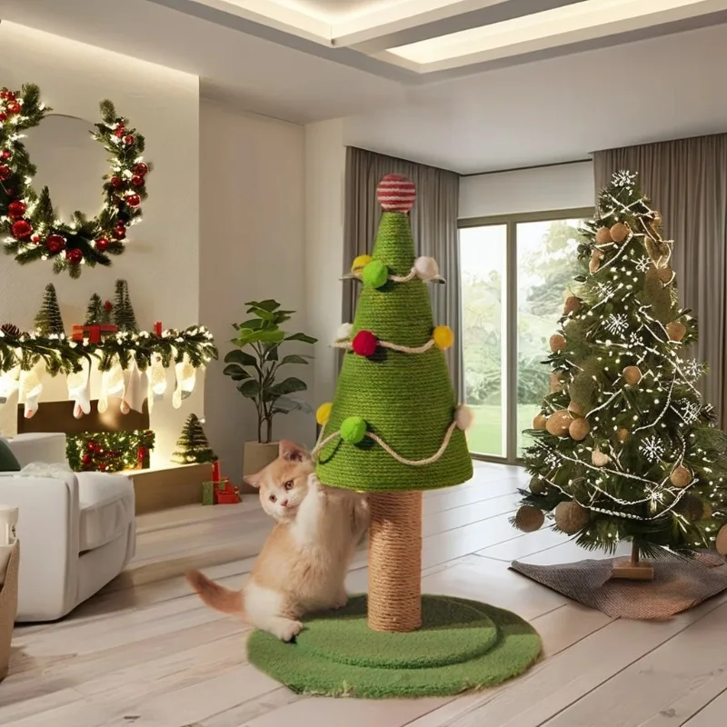 

Durable Cat Tree Stand Solid Wood Christmas Tree Scratcher Sisal Board Nest Plush Carton Toys Cat Climbing Frame Claws Post Rack