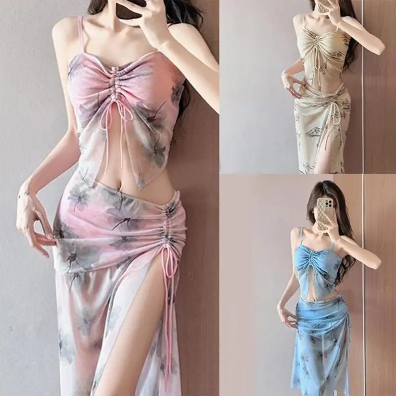 

Women Two Piece Flower Swimsuit Set with Long Beach Dress Ladies Floral Swimwears with V Neck Crop Top and Beach Dress
