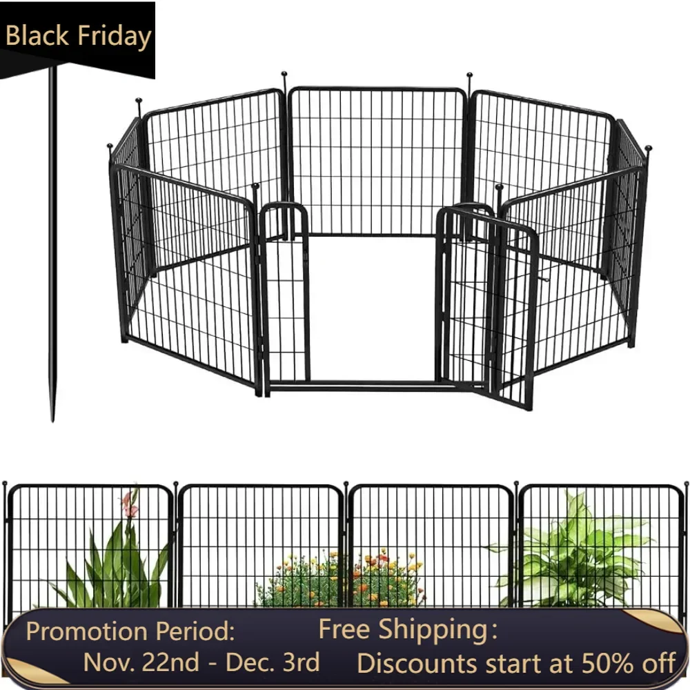 Decorative garden fence with door,24 inches (height) x 16 feet (length),8 panels, yard heavy-duty iron animal fence,garden fence