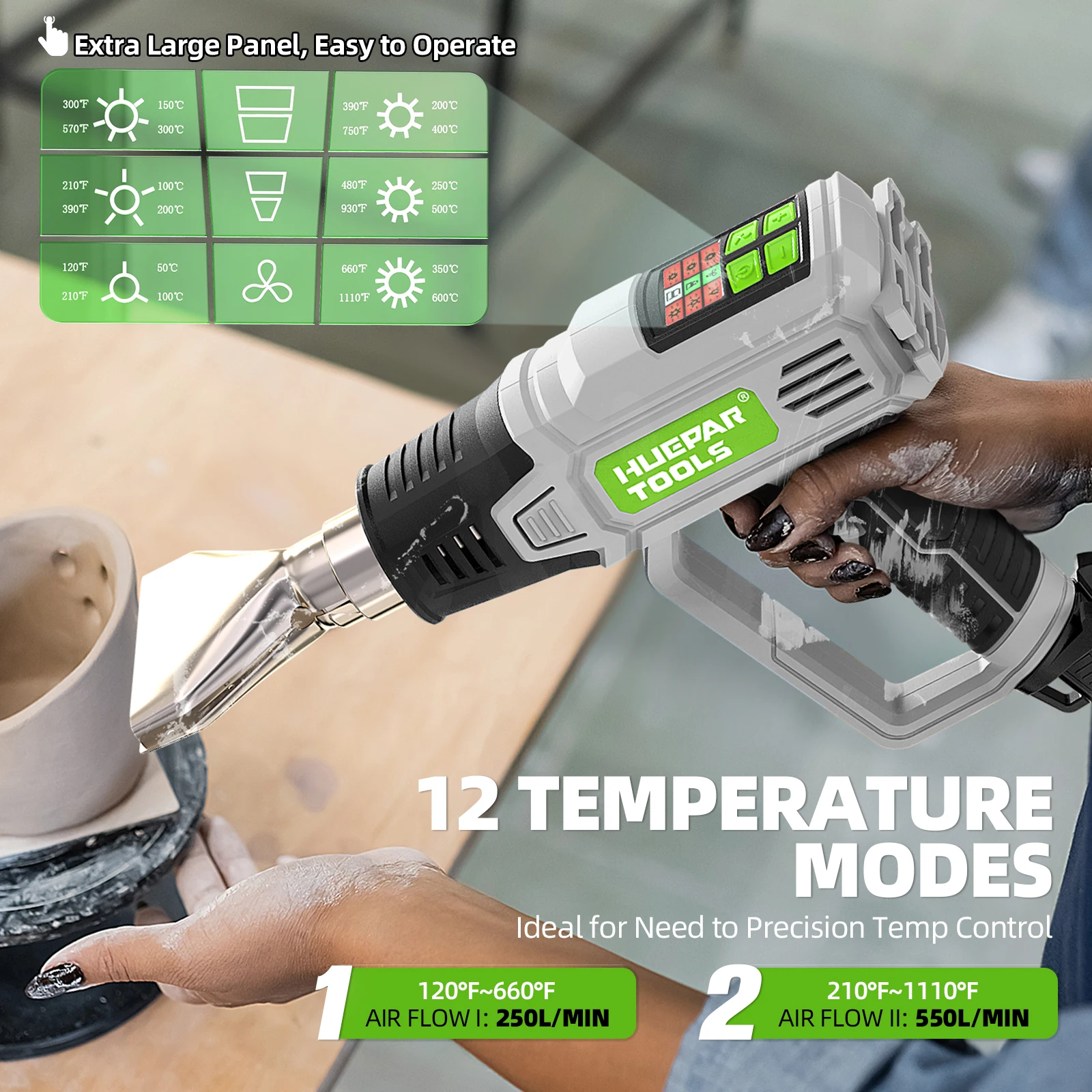 Hot Air Gun with LCD 12 Variable Temperatures Adjustable 120℉- 1110℉ Heat Gun 1500W/2000W High Power with 5 Accessories