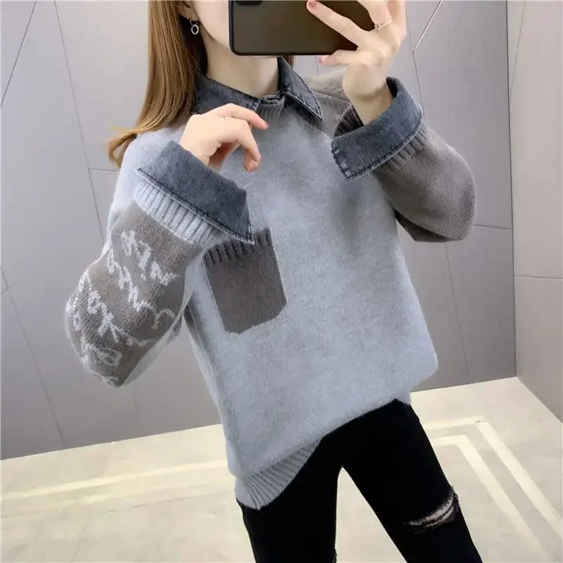 Women High Street Cowboy Patchwork Button Jacquard Weave Pullover New Turn-down Collar Long Sleeve Fashion Sweater