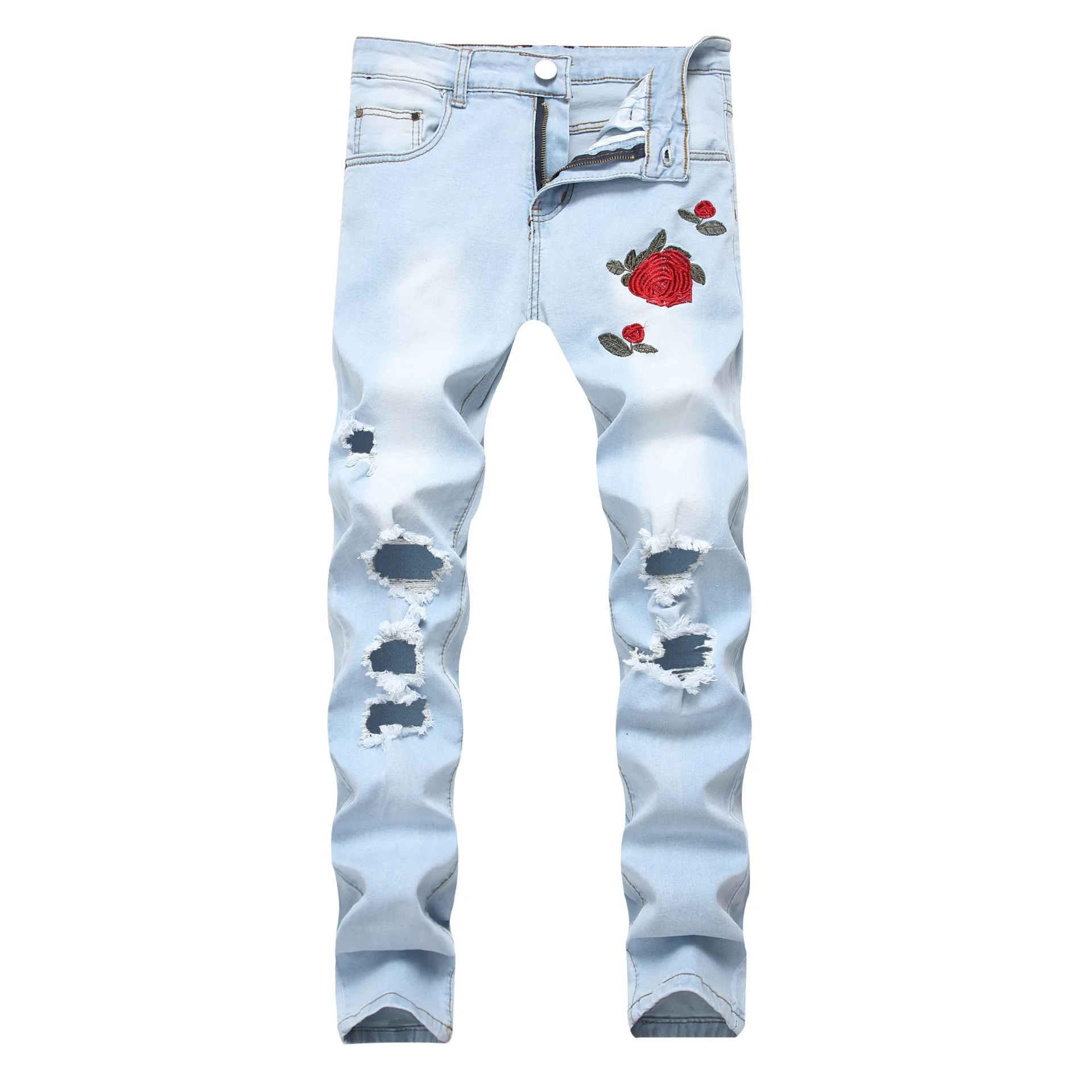 European and American Men\'s Casual Jeans with Embroidered Roses, Fashionable Ripped, Slim-fit, Stretch, Ankle-length Trousers