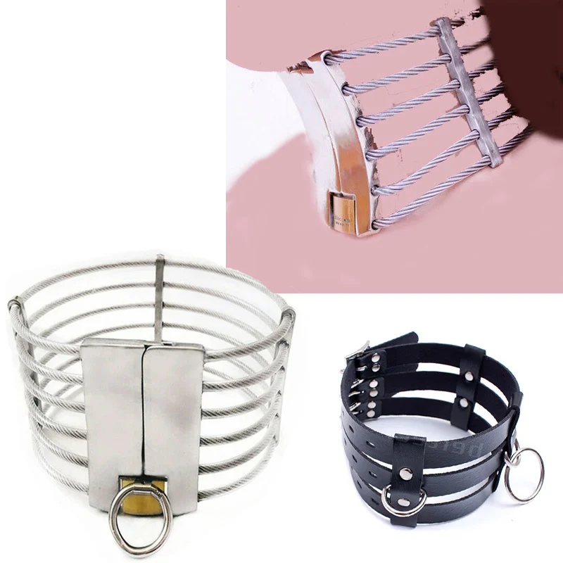 Stainless Steel/Faux Leather Neck Collar Wires Choker Restraint Roleplay Bondage Slave Adult Game Erotic O Ring Sex Toy