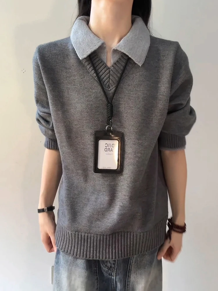 

Серый вязаный свитер с V-образным вырезом унисекс, осенне-зимний, повседневный, модный, свободного кроя, из полиэфирного волокна