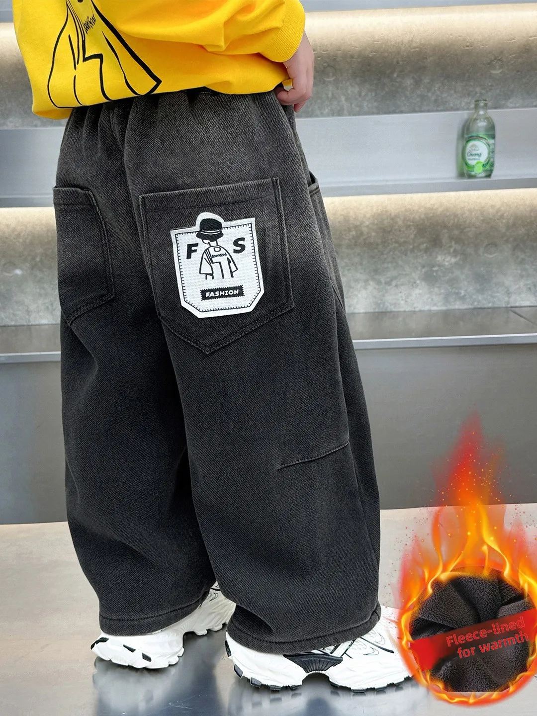 

Теплые свободные повседневные джинсы на подкладке для мальчиков, модная детская зимняя одежда, прямые брюки, удобные дышащие хлопковые брюки
