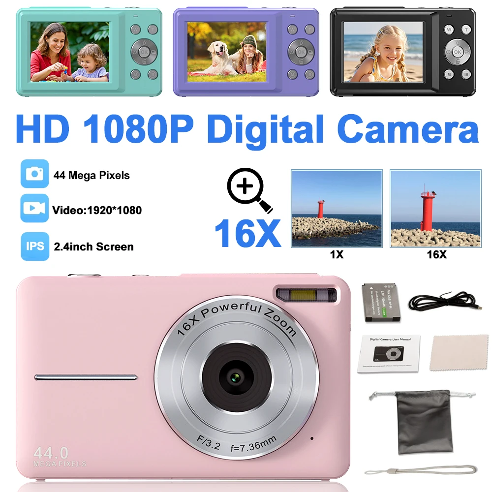 

Digital Camera 44MP 16X Student Camera 2.4 Inch screen With Flash Lamp Shoot Kids Camera Compact Camera for Beginner Photography
