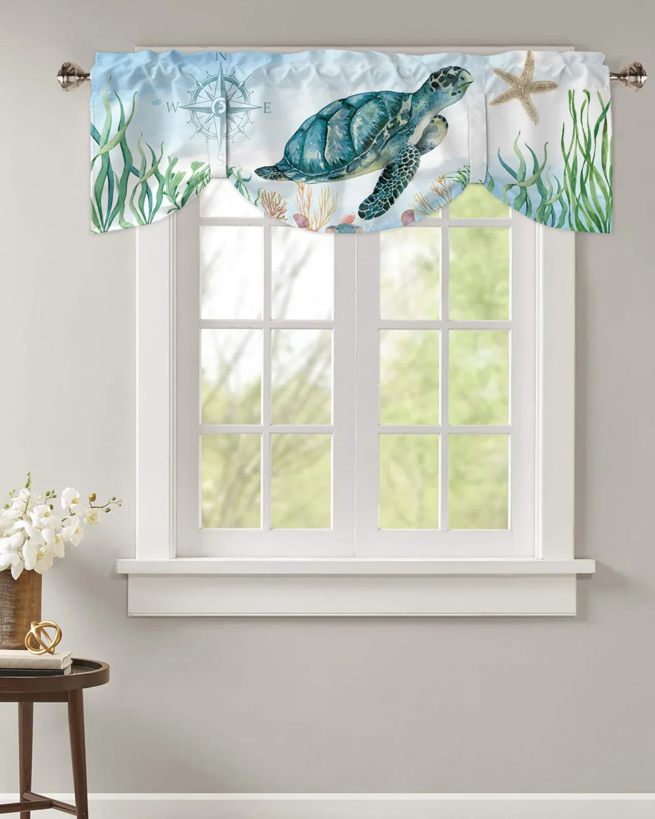 Nautical Theme Sea Turtle Starfish Compass Window Valance Curtain Kitchen Cafe Short Curtains Living Room Tie-Up Valance Curtain