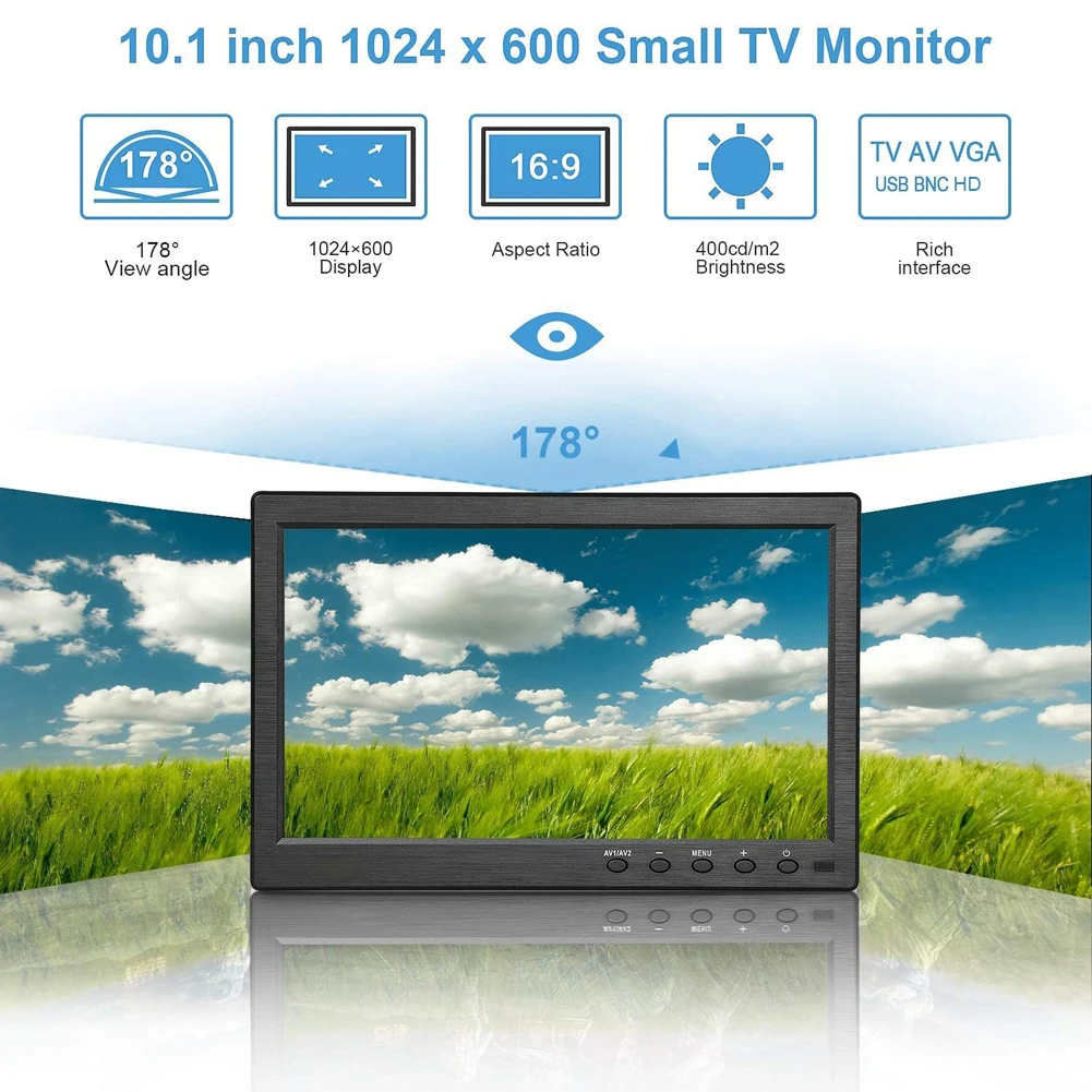 10.1 Inch Car Monitor HDMI-Compatible 1024x600 Resolution Display Portable 16:9 TFT LCD Mini HD Video Screen Security Monitor