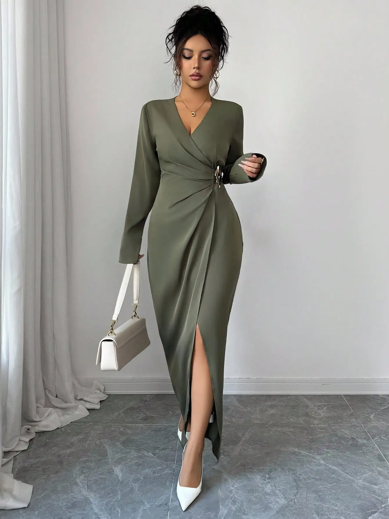 Woman Elegant Wrap V Neck Maxi Dress Ruched Waist High Slit Long Sleeve Gown Sophisticated Mature Style Outfit for Formal Events - Image 6