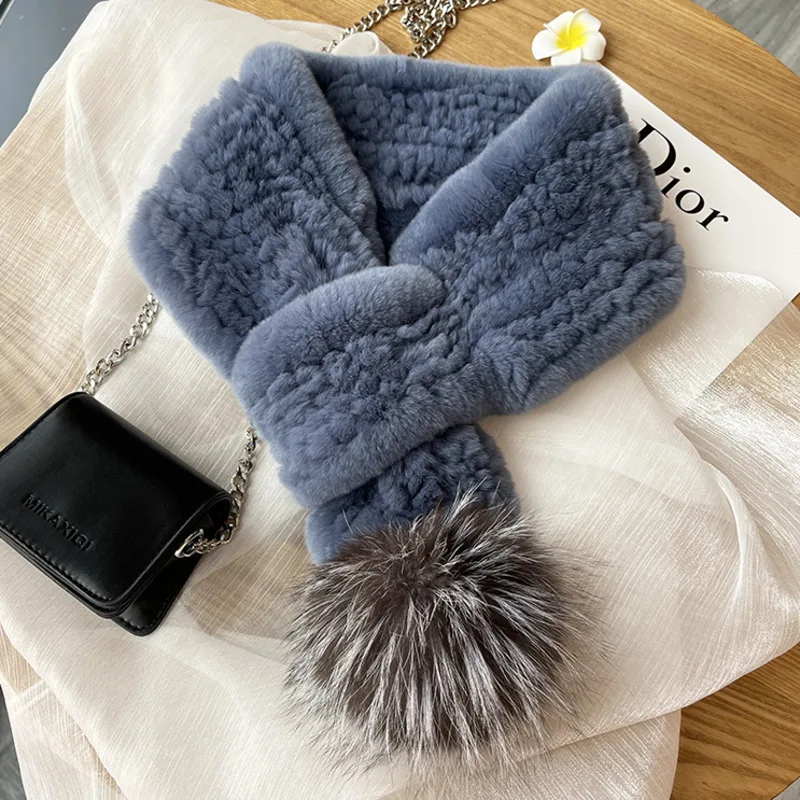 Real Rex Rabbit Fur Scarf Thickened Warm Fur Scarf With Fox Fur Ball Double-sided Weaving Natural Fur Muffler Russian Fur Scarf