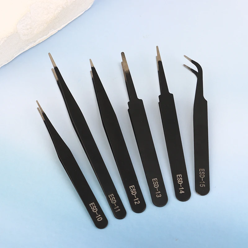 Strong Stainless Steel ESD Anti-Static Precision Tweezers Set - 6 tools for reliable electronic repairs and process bending&St