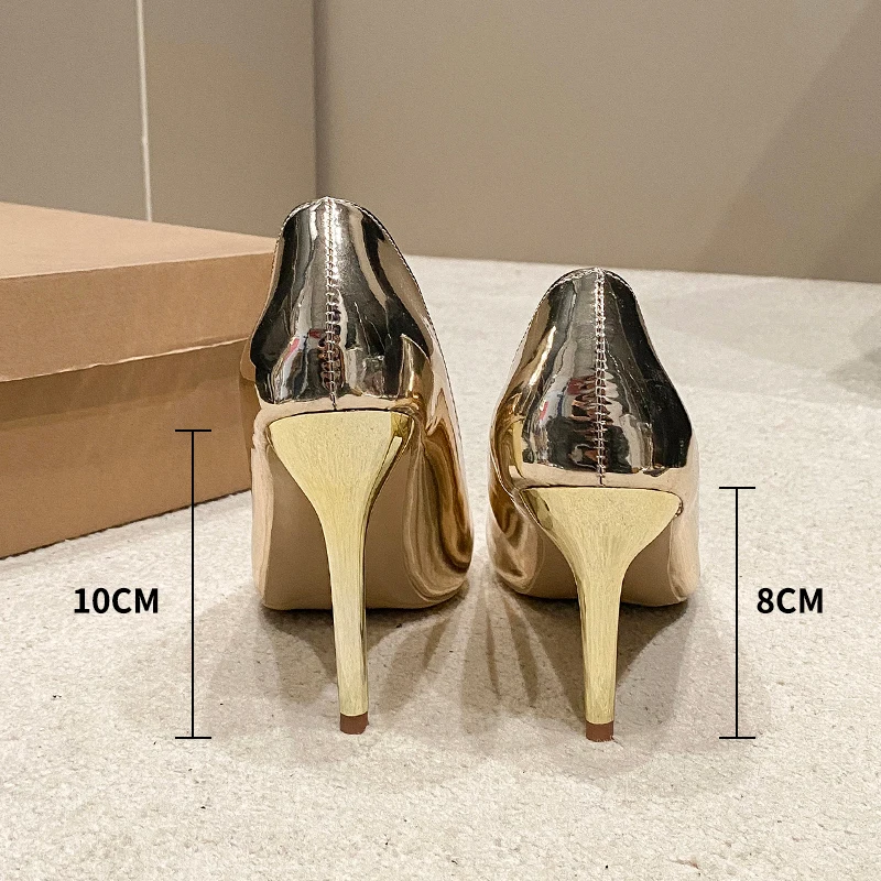 Metallic Silver Gold Pumps Women Ladies Shiny Hign Heels Wedding Dress Thin Heel 10cm Luxury Woman Shoes Size 34-43 gold heels