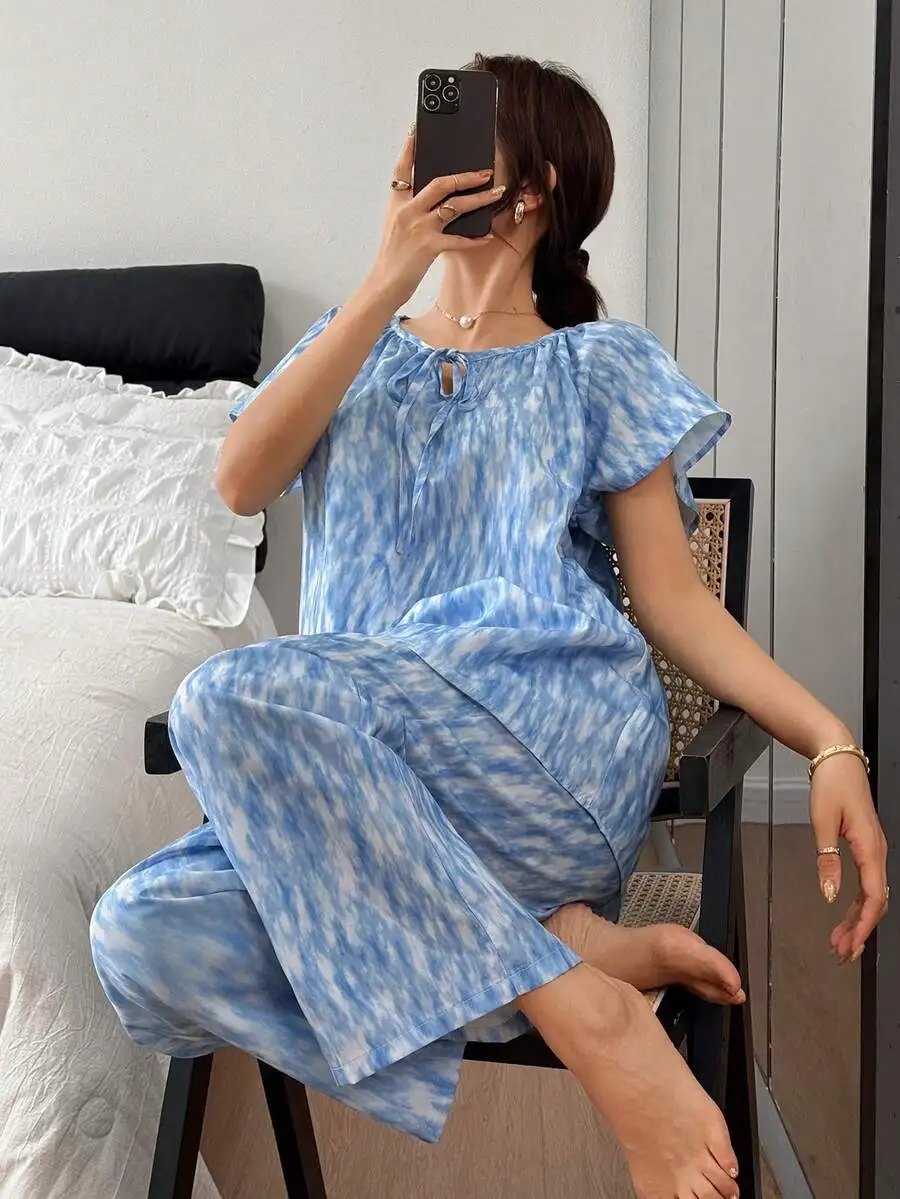 

Tie-Dye Print Loose Drawstring Women Pajama Set Summer