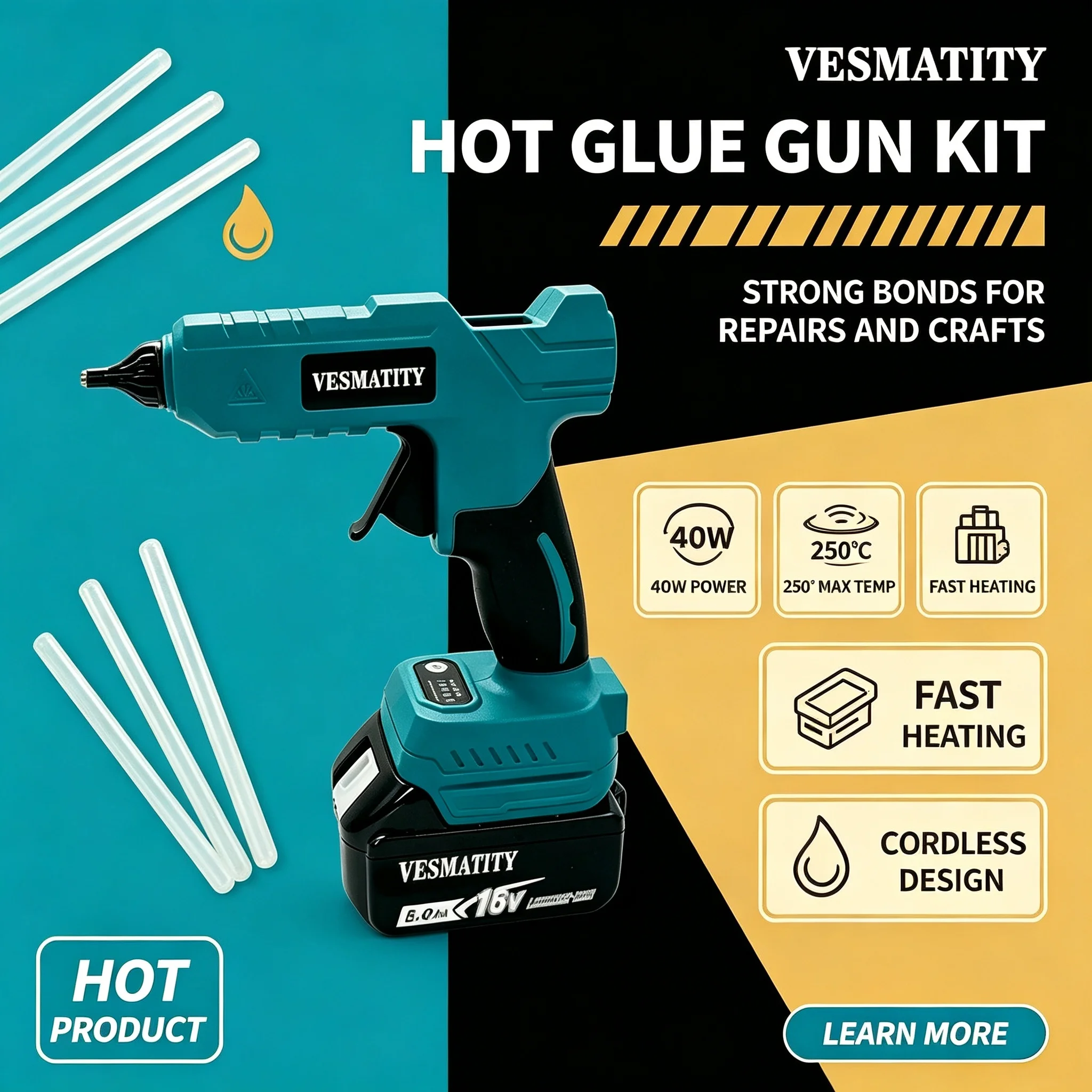 Welding Tool VESMATITY Cordless Hot Melt Glue Gun Anti-scald Nozzle Repair DIY High Performance Compact for 18V-20V Battery