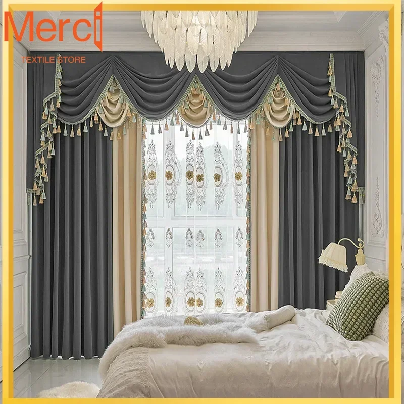 

Merci StoreAmerican Retro Velvet Curtains For Living Room Bedroom Warm Windproof Color-blocked Luxury Blackout Simple High-end