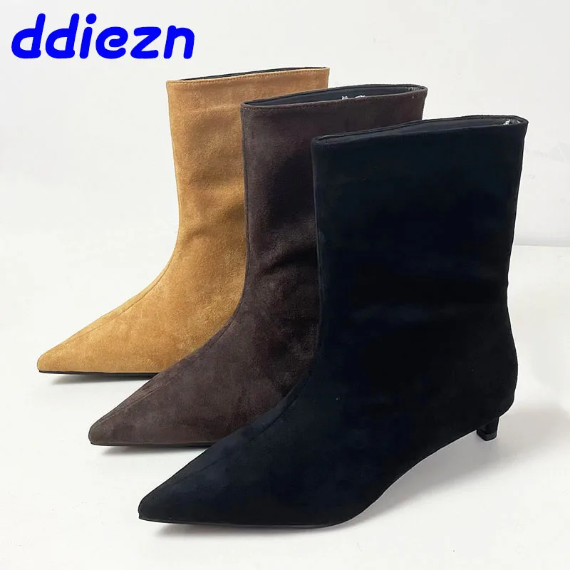 Fashion Flock Women Ankle Boots With Low Heel Shoes Pointed Toe Footwear Designer Slip On Shoes Ladies Modern Short Booties