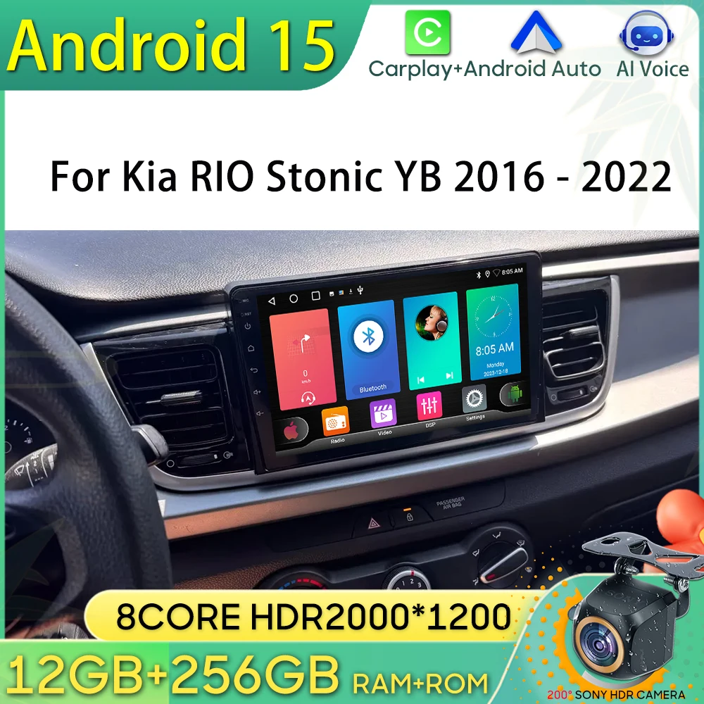 Android 15 Car Radio For Kia RIO Stonic YB 2016 2017 2018 2019 2020 2021 2022 GPS Navigation Android Auto Carplay Wifi No 2din