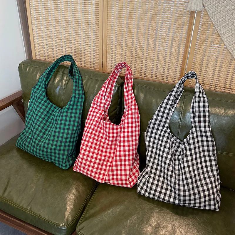 Vintage Plaid Damen Weste Umhängetaschen große Kapazität weibliche wieder verwendbare Einkaufstasche Baumwoll tuch Schulmädchen Buch Einkaufstaschen – Detail 9