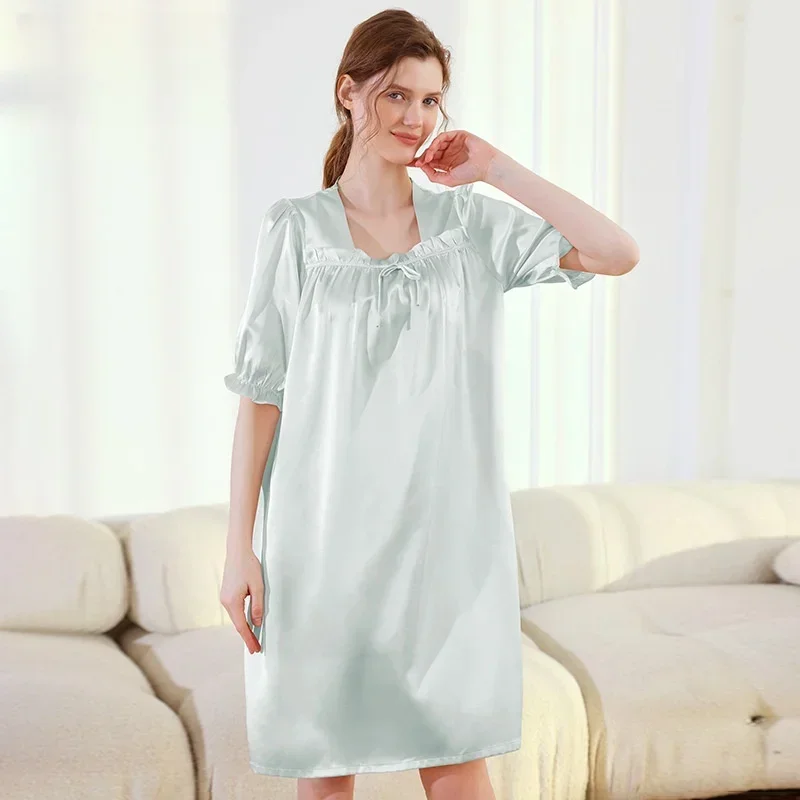 19MM Heavy Silk Midi Nightgown Short Sleeve 100% Mulberry Silk Nightshirts Chemise Women's Loose Night Dress PJ Sleepwear Pajama