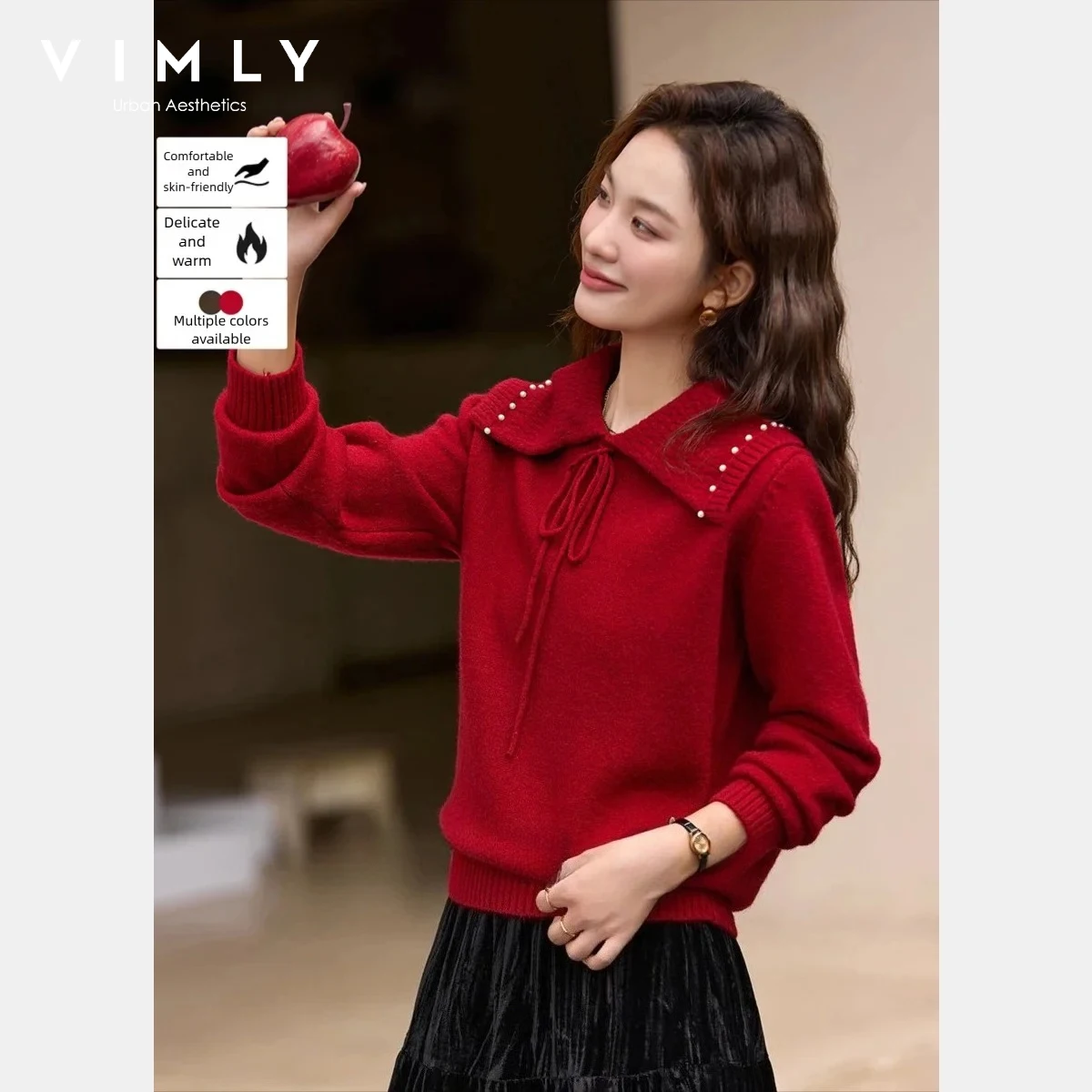 

VIMLY Retro Women's Sweater 2025 New Solid Lapel Collar Pearl Embellishment Pullovers Winter Long Sleeve Women Knit Tops 30327