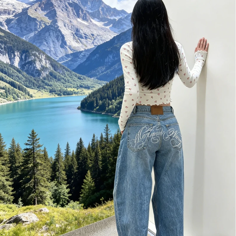 Y2k Jeans Women Vintage American Retro Heavy Duty Letter Pants Loose Straight Leg Winter New Design Slim Fit