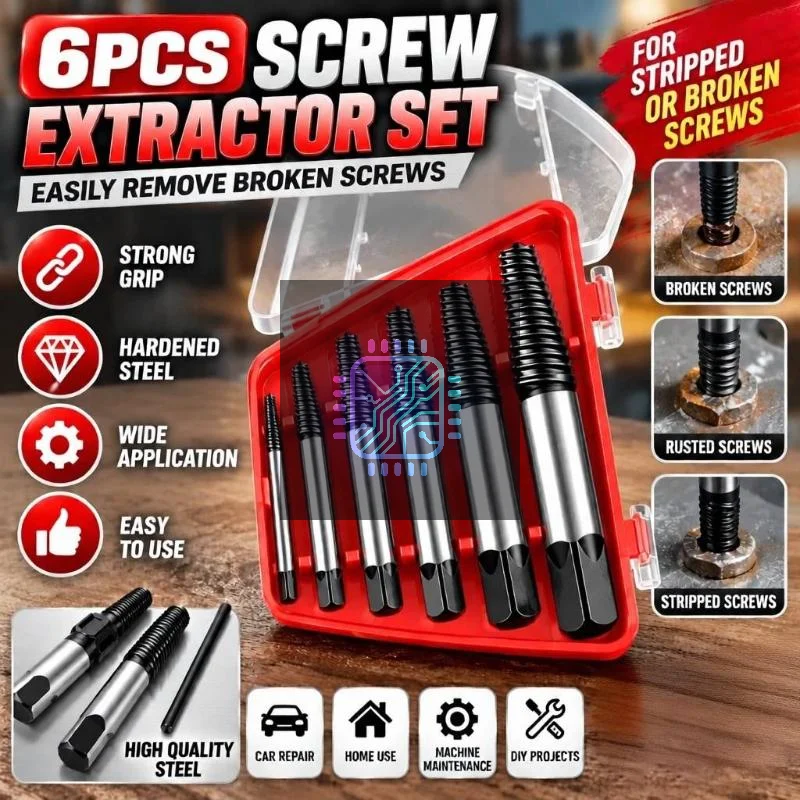6Pcs Chrome Vanadium Steel Broken Screw Extractor Kit Portable Stripped Bolt Remover for Home Handyman DIY Jobs