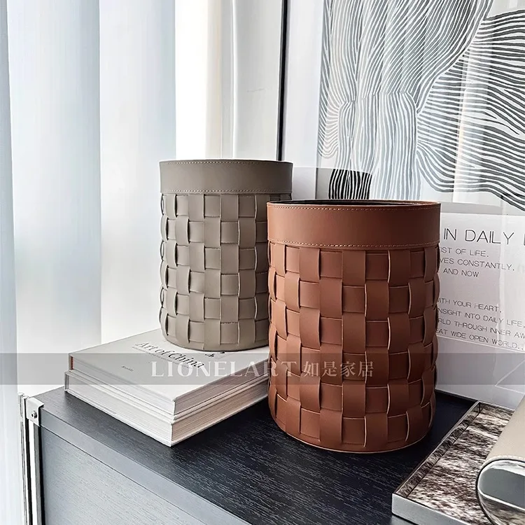 ‌Handwoven Saddle Leather Trash Bin | Multi-Surface Waste Basket for Desktop, Car Console & Bedside, Compact Vintage Home Decor