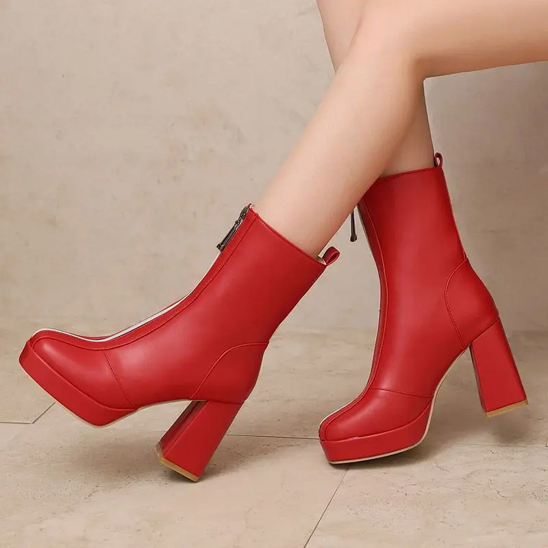 

SIMLOVEYO 2025 глянцевые женские сапоги до середины икры на платформе 2,5 см на молнии размера плюс 49 50 Современные Bota с круглым носком на блочном каблуке 9,5 см Повседневная