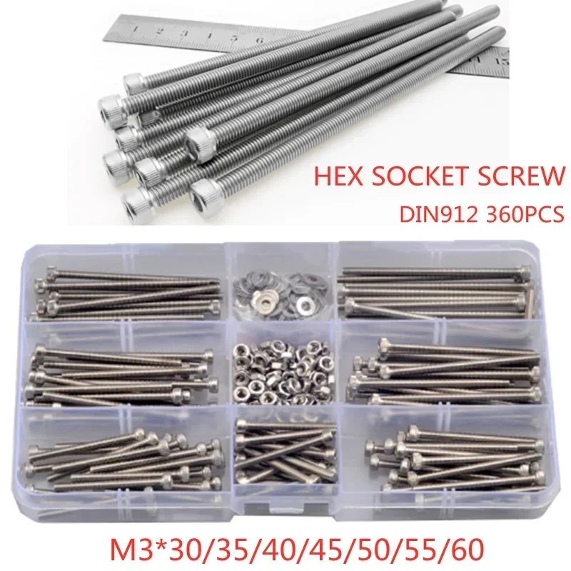 360PCS Hex Hexagon Socket Cap Head Screws Set Stainless Steel M3 Extension Screw Allen Head Bolt with Nut Washers Assortment Kit