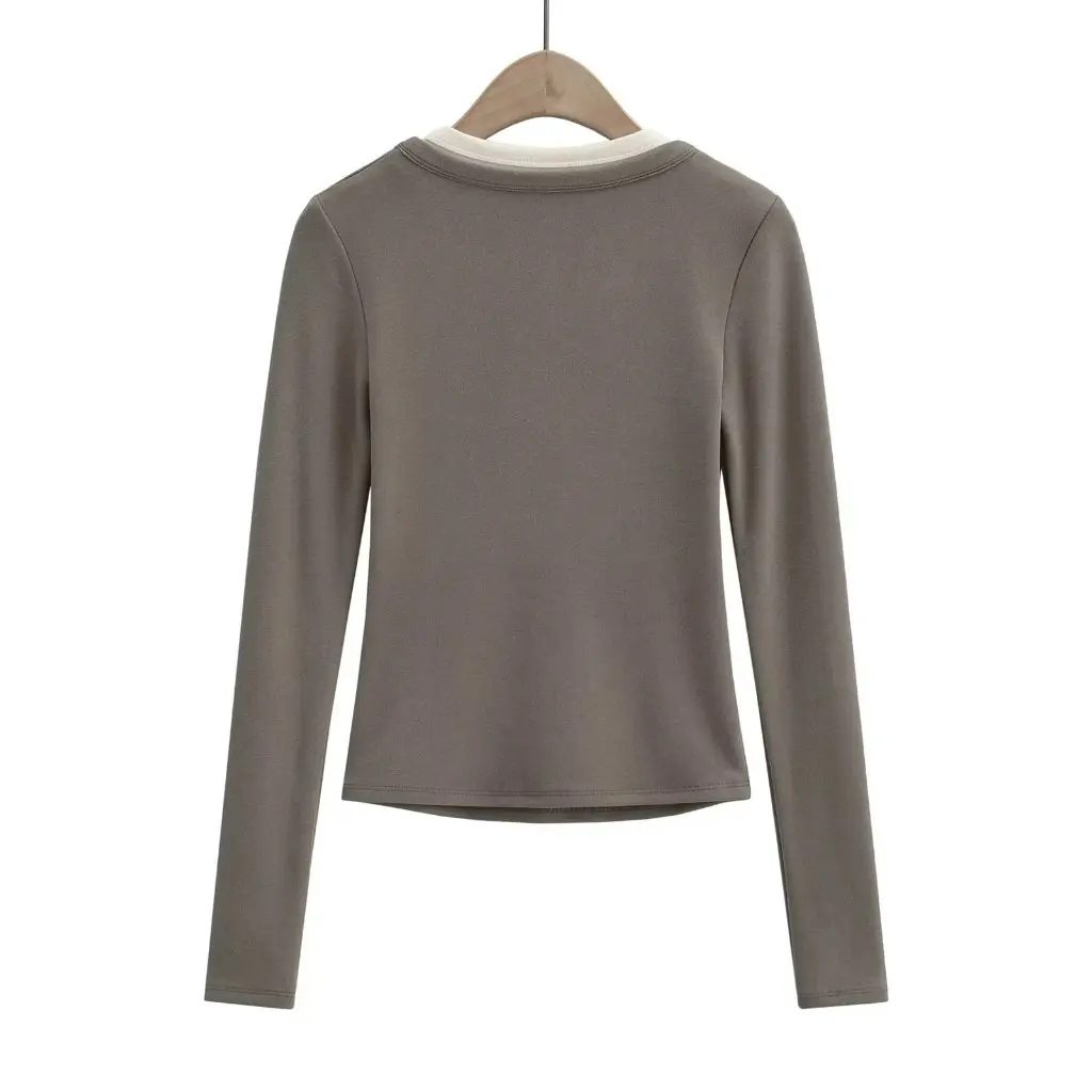 

Women's Retro round Neck Long Sleeve Fleece T-Shirt Slim Fit Contrast Color Stitching Bottoming Shirt Autumn