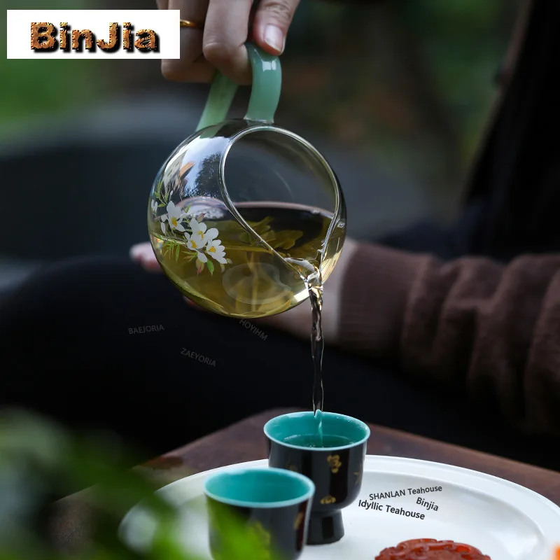 BAEJORIA 340ml Heat Resistant Glass Swallow Green Handle Tea Pitcher Tea Divider Cha Hai Dispenser Justice Cup Fair Mug Cafes