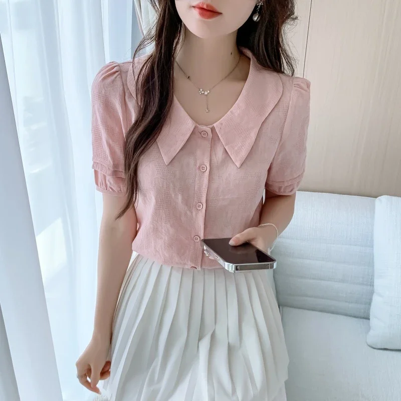 

Summer New Women's Jacquard Cotton Shirt Stylish Thin Top Short Sleeves