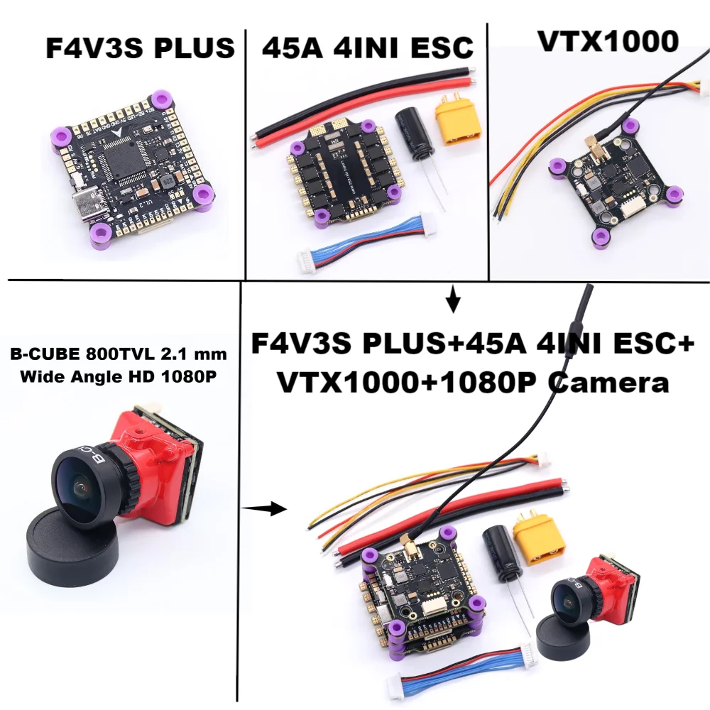 F4V3S/ F4V3S PLUS + 45A/60A 4 en 1 ESC + VTX1000 + 1080P cámara INAV Betaflight Board barómetro OSD Quadcopter RC Drone FPV Racing